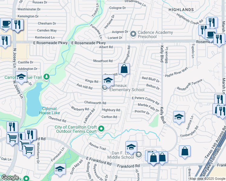 map of restaurants, bars, coffee shops, grocery stores, and more near 3210 Furneaux Lane in Carrollton