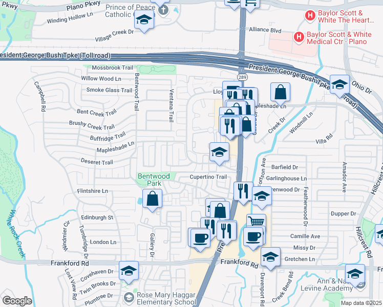 map of restaurants, bars, coffee shops, grocery stores, and more near 18748 Lloyd Circle in Dallas