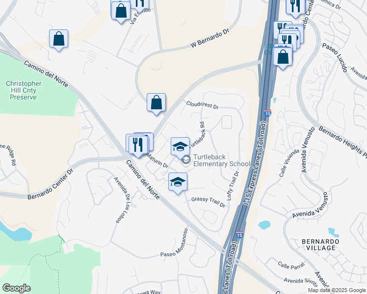 map of restaurants, bars, coffee shops, grocery stores, and more near 15964 Turtleback Road in San Diego