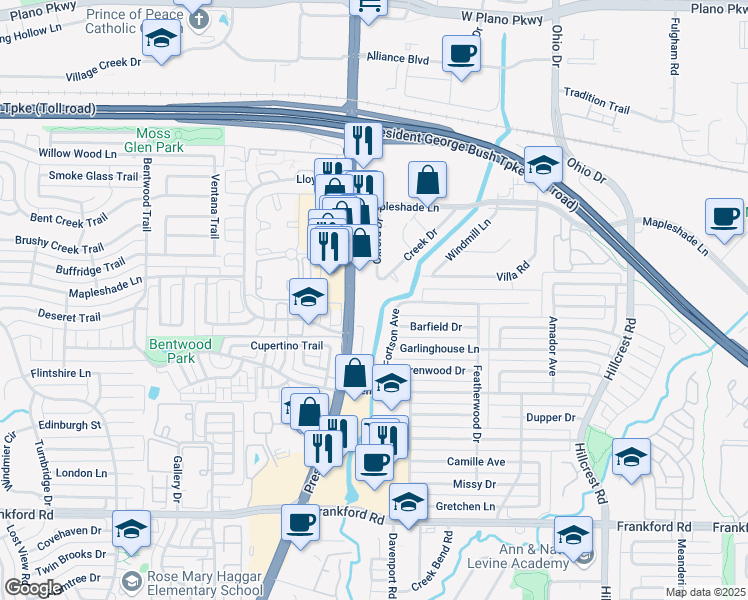 map of restaurants, bars, coffee shops, grocery stores, and more near 18800 Preston Road in Dallas