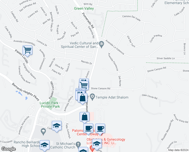 map of restaurants, bars, coffee shops, grocery stores, and more near 16021 Pomerado Road in Poway