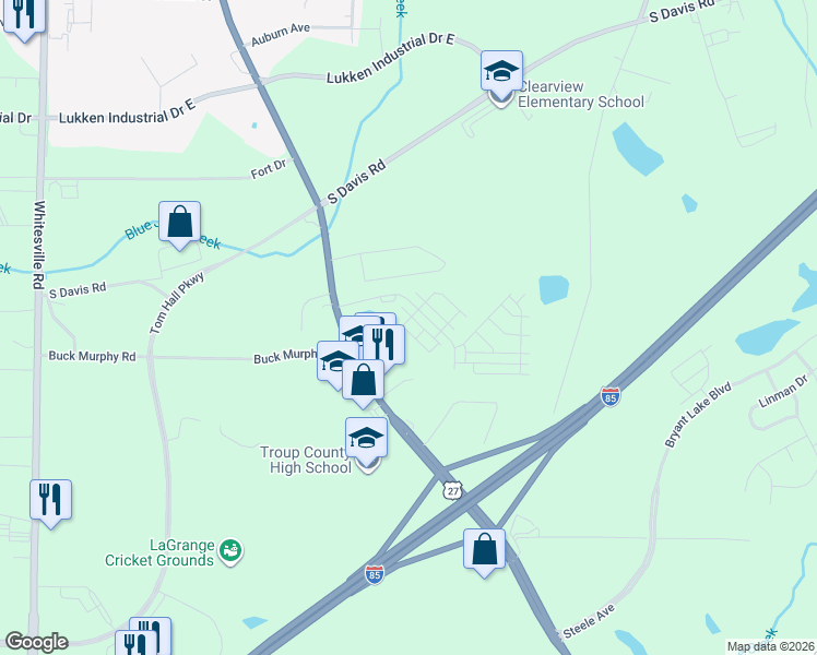 map of restaurants, bars, coffee shops, grocery stores, and more near 1705 Hamilton Road in LaGrange