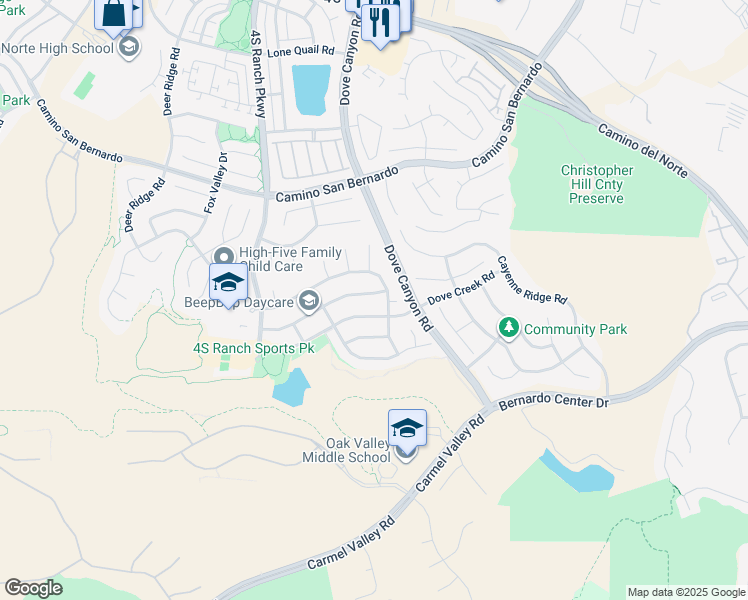 map of restaurants, bars, coffee shops, grocery stores, and more near 15177 Cross Stone Drive in San Diego