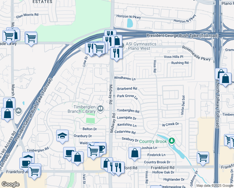 map of restaurants, bars, coffee shops, grocery stores, and more near 18848 Park Grove Lane in Dallas