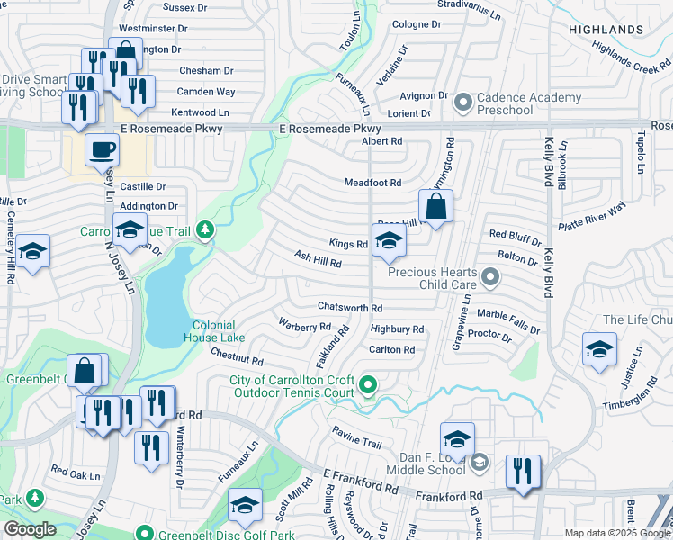map of restaurants, bars, coffee shops, grocery stores, and more near 2034 Ash Hill Road in Carrollton
