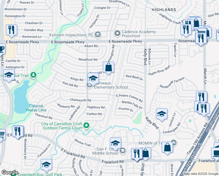 map of restaurants, bars, coffee shops, grocery stores, and more near 3213 Rose Hill Road in Carrollton