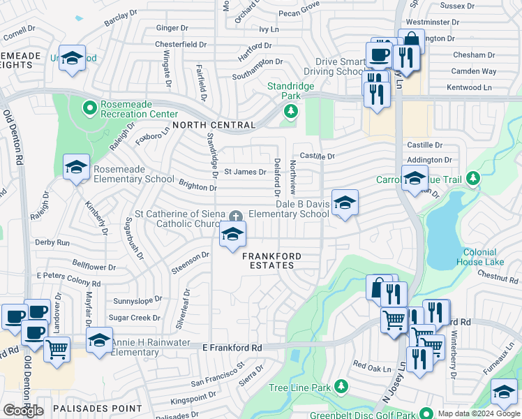 map of restaurants, bars, coffee shops, grocery stores, and more near 1724 Mayflower Drive in Carrollton