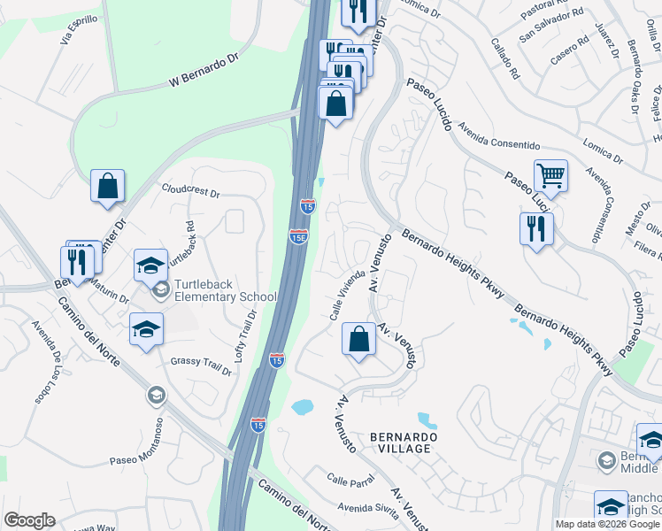 map of restaurants, bars, coffee shops, grocery stores, and more near 16016 Caminito Tomas in San Diego