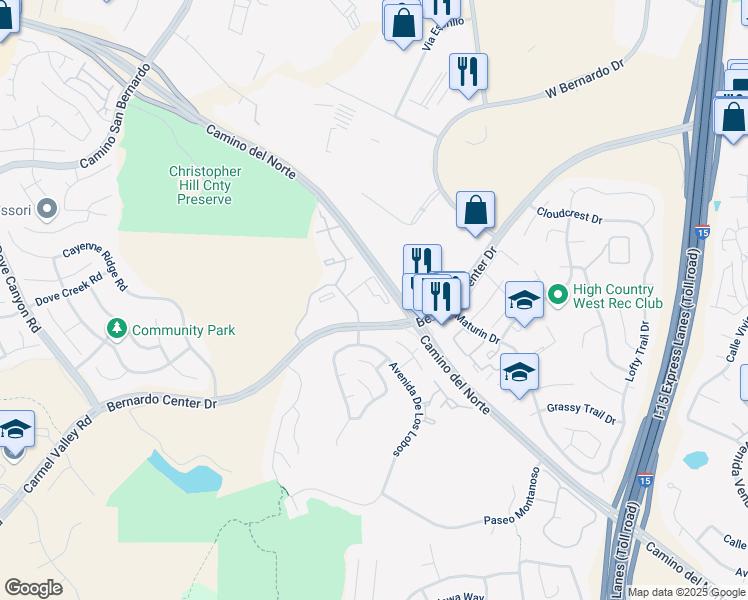 map of restaurants, bars, coffee shops, grocery stores, and more near 15720 Bernardo Center Drive in San Diego