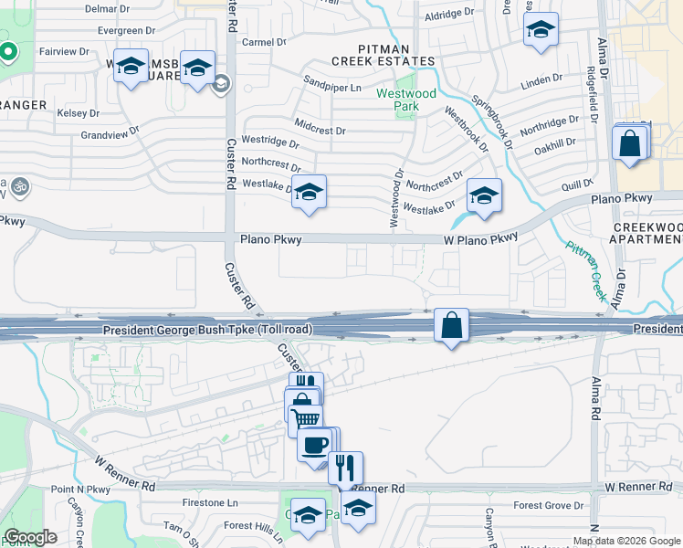 map of restaurants, bars, coffee shops, grocery stores, and more near 1801 West Plano Parkway in Plano