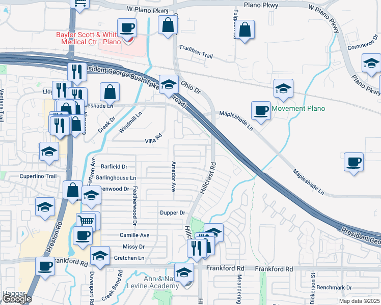 map of restaurants, bars, coffee shops, grocery stores, and more near 6715 Summer Meadow Lane in Dallas