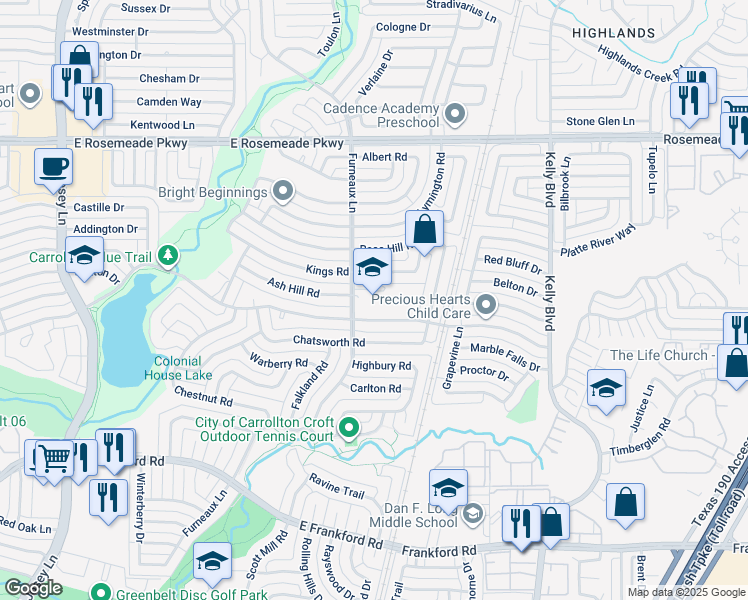 map of restaurants, bars, coffee shops, grocery stores, and more near 3210 Furneaux Lane in Carrollton