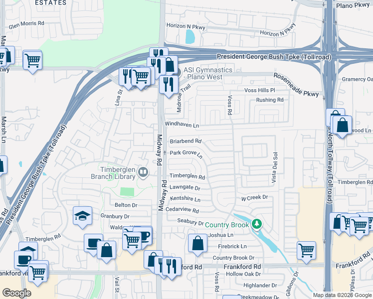 map of restaurants, bars, coffee shops, grocery stores, and more near 18812 Park Grove Lane in Dallas