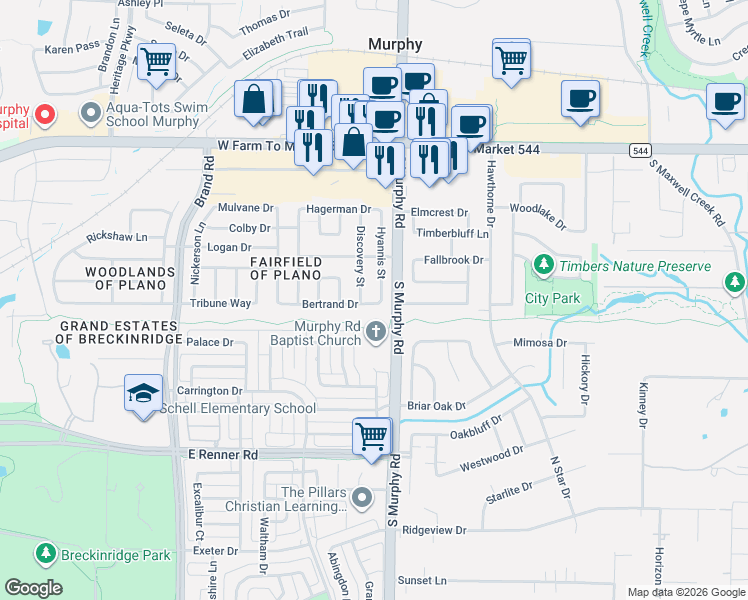 map of restaurants, bars, coffee shops, grocery stores, and more near 1004 Hyannis Street in Plano