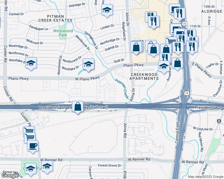 map of restaurants, bars, coffee shops, grocery stores, and more near 1417 Alberti Avenue in Plano