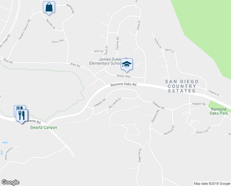 map of restaurants, bars, coffee shops, grocery stores, and more near 24841 Pappas Road in Ramona