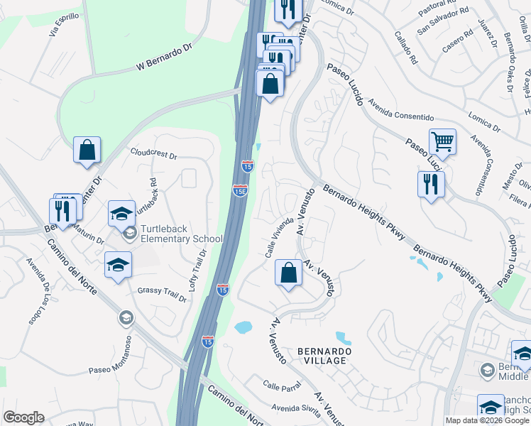 map of restaurants, bars, coffee shops, grocery stores, and more near 16016 Caminito Tomas in San Diego