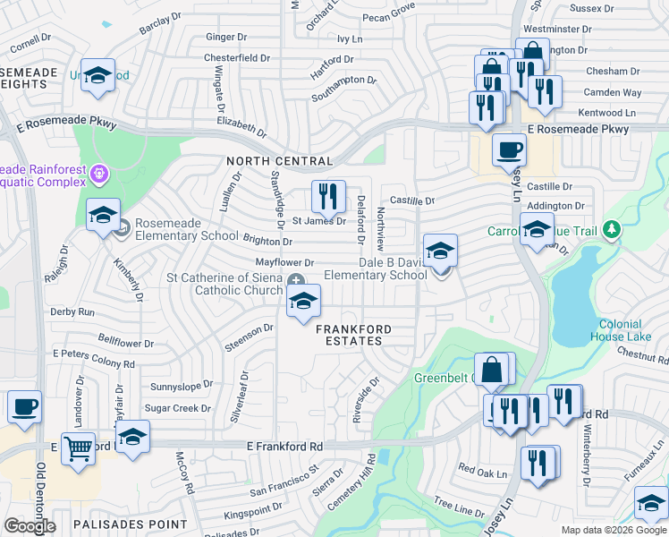 map of restaurants, bars, coffee shops, grocery stores, and more near 1724 Mayflower Drive in Carrollton