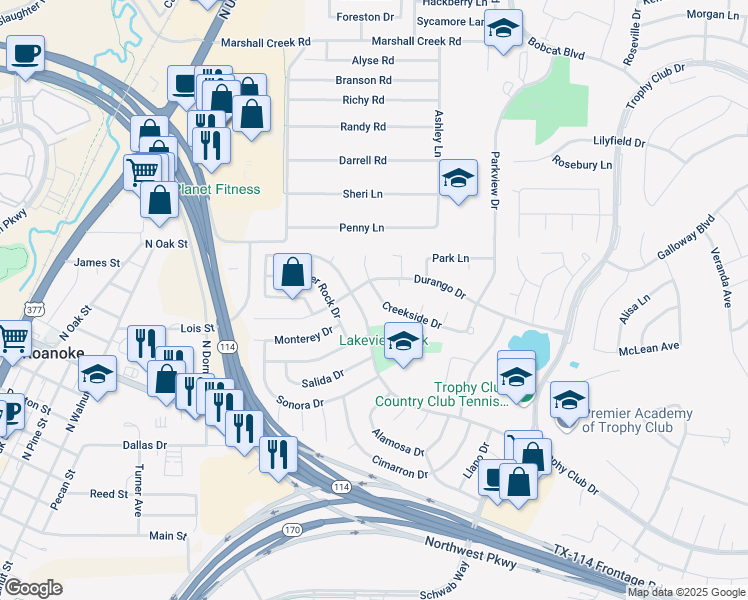map of restaurants, bars, coffee shops, grocery stores, and more near 41 Creekside Drive in Trophy Club