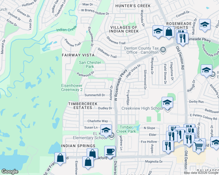 map of restaurants, bars, coffee shops, grocery stores, and more near 3401 Ashleaf Dr in Carrollton