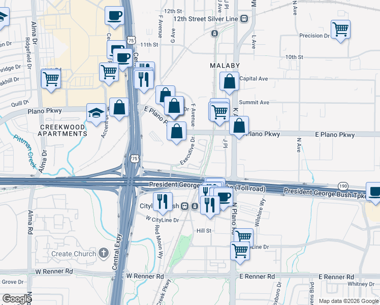map of restaurants, bars, coffee shops, grocery stores, and more near 680 Executive Drive in Plano
