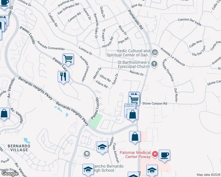 map of restaurants, bars, coffee shops, grocery stores, and more near Selva Dr & Filera Rd in San Diego