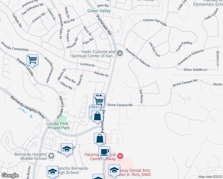 map of restaurants, bars, coffee shops, grocery stores, and more near 16021 Pomerado Road in Poway