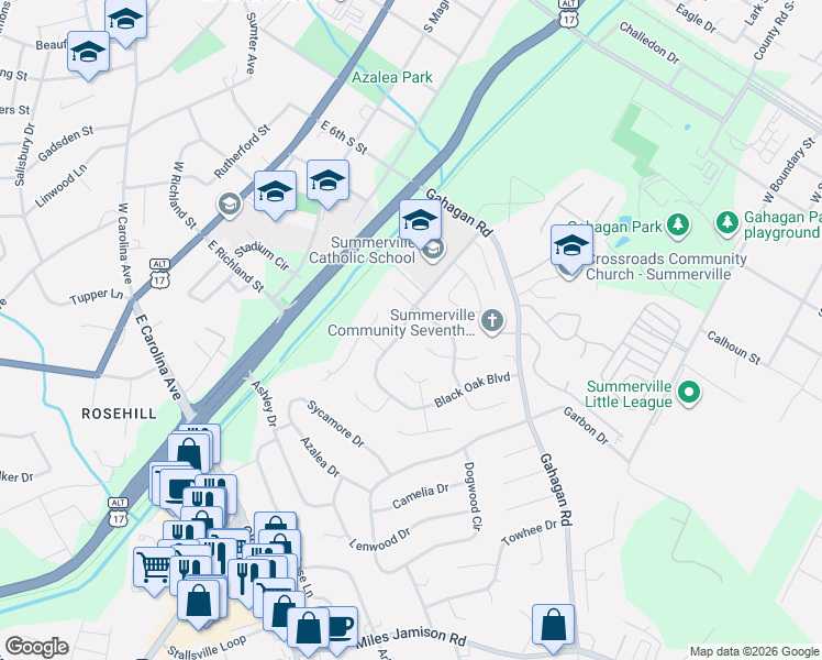 map of restaurants, bars, coffee shops, grocery stores, and more near 307 Black Oak Boulevard in Summerville