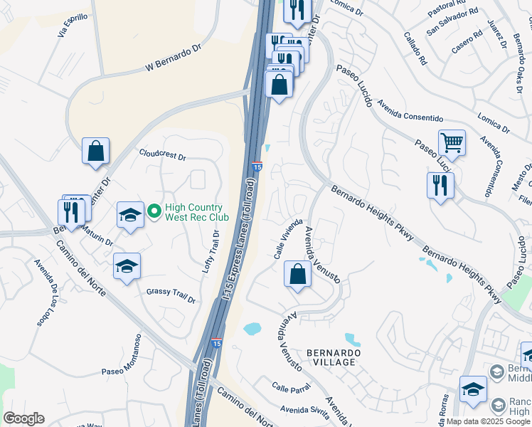 map of restaurants, bars, coffee shops, grocery stores, and more near 16016 Caminito Tomas in San Diego