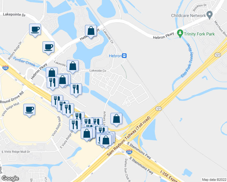 map of restaurants, bars, coffee shops, grocery stores, and more near in Lewisville