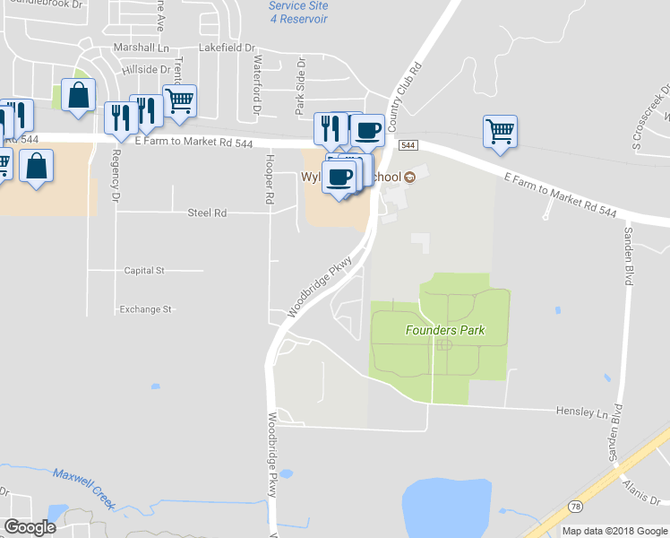 map of restaurants, bars, coffee shops, grocery stores, and more near 702 Woodbridge Parkway in Wylie
