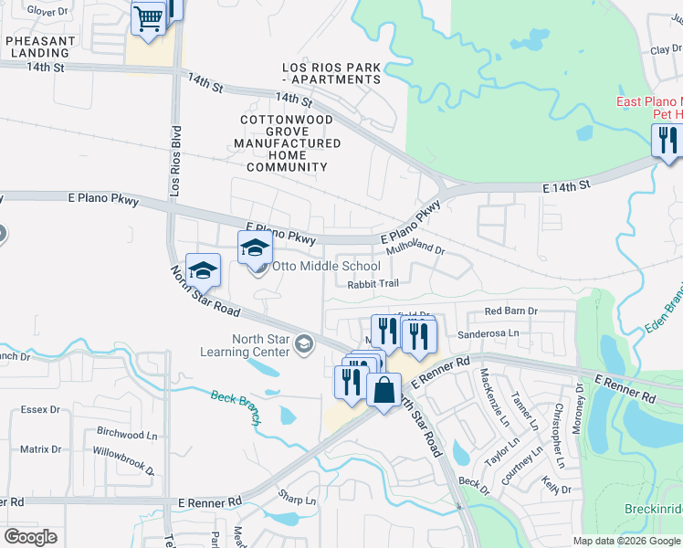 map of restaurants, bars, coffee shops, grocery stores, and more near 608 Jagged Way in Plano