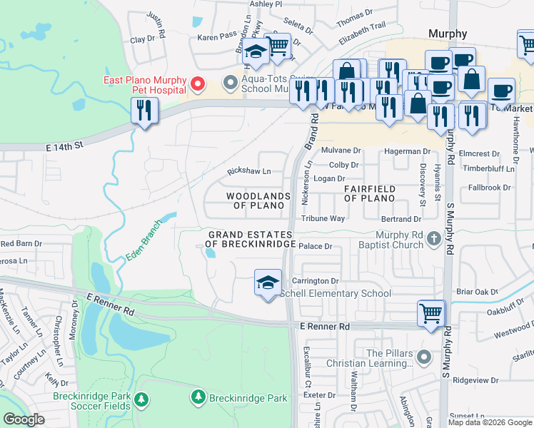 map of restaurants, bars, coffee shops, grocery stores, and more near 5705 Tribune Way in Plano