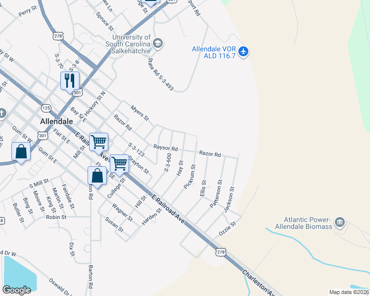 map of restaurants, bars, coffee shops, grocery stores, and more near 1327 Razor Road in Allendale