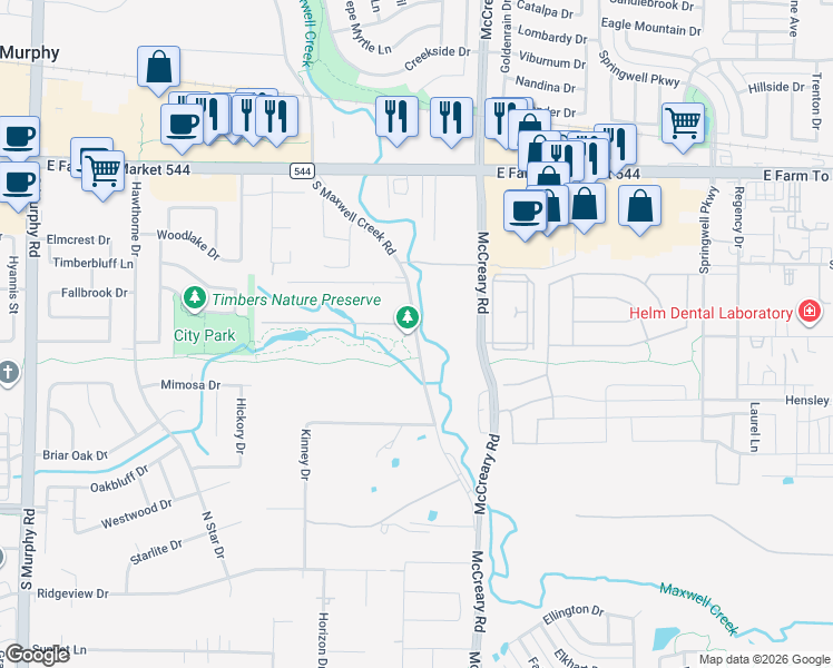 map of restaurants, bars, coffee shops, grocery stores, and more near 200 South Maxwell Creek Road in Wylie