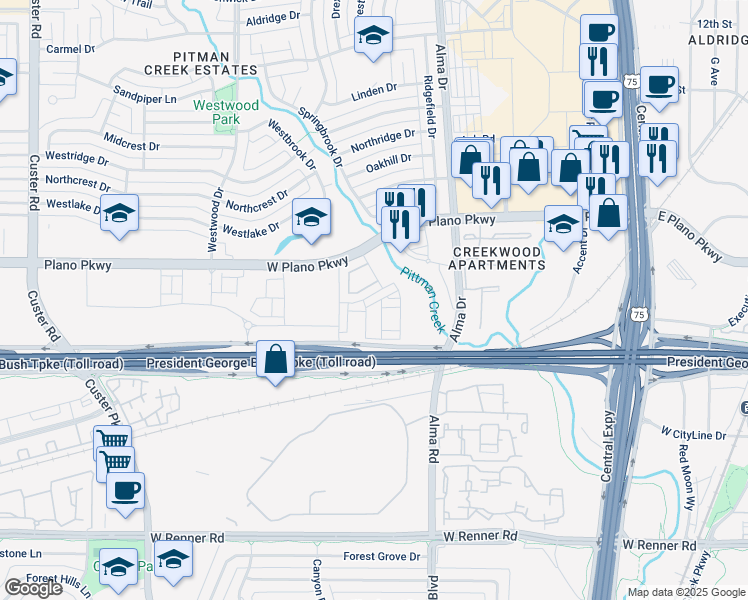 map of restaurants, bars, coffee shops, grocery stores, and more near 1417 Alberti Avenue in Plano