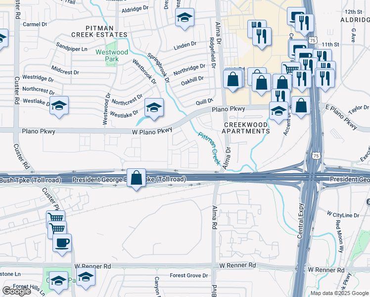 map of restaurants, bars, coffee shops, grocery stores, and more near 1417 Alberti Avenue in Plano