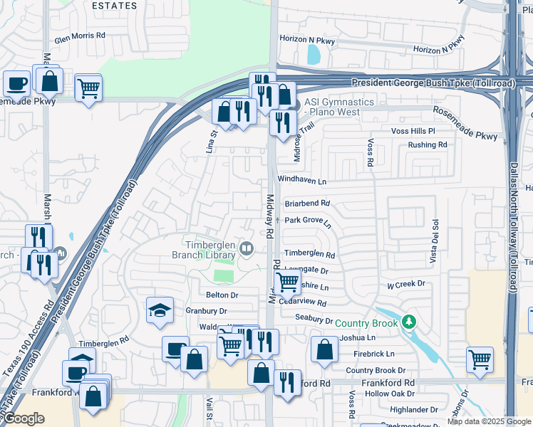 map of restaurants, bars, coffee shops, grocery stores, and more near 18700 Midway Road in Dallas