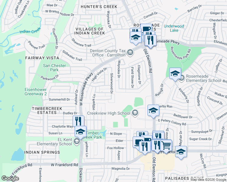 map of restaurants, bars, coffee shops, grocery stores, and more near 1045 Creek Bend in Carrollton