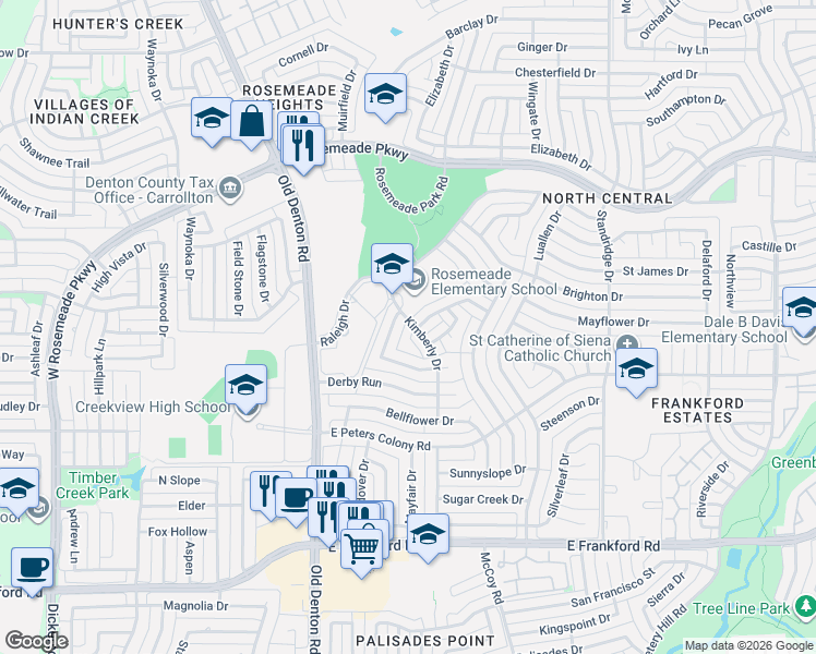 map of restaurants, bars, coffee shops, grocery stores, and more near 1411 Ranchview Court in Carrollton