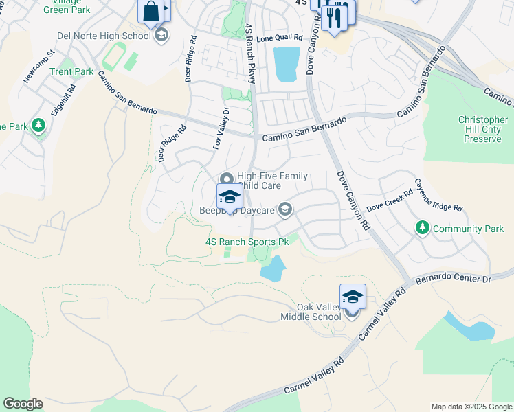 map of restaurants, bars, coffee shops, grocery stores, and more near 16232 Palomino Mesa Court in San Diego