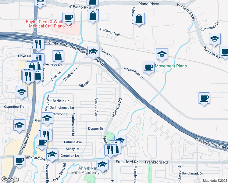 map of restaurants, bars, coffee shops, grocery stores, and more near 18711 Sagewood Drive in Dallas