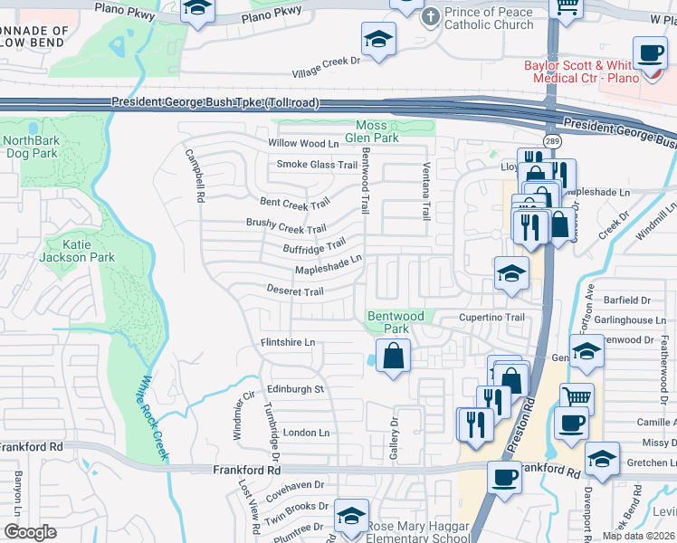 map of restaurants, bars, coffee shops, grocery stores, and more near 5910 Mapleshade Lane in Dallas