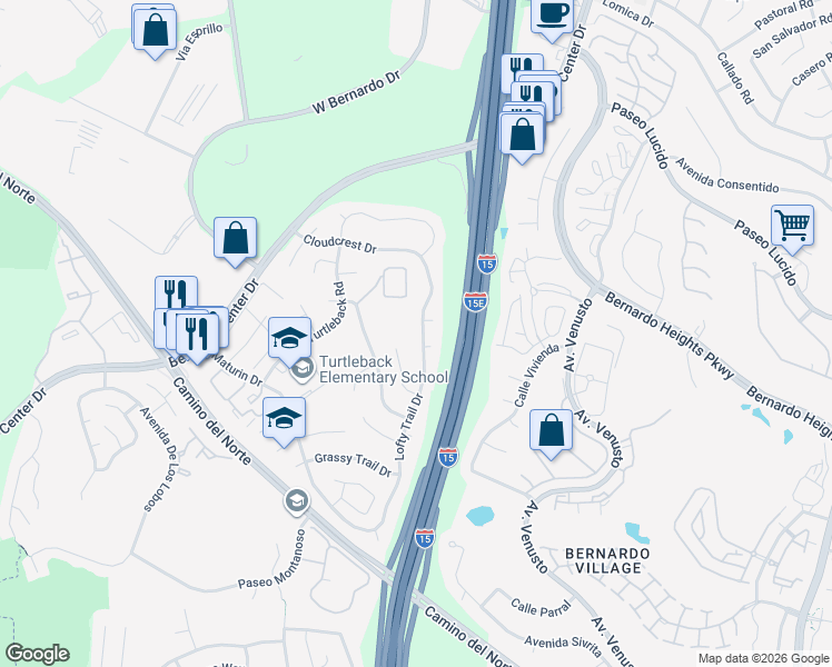 map of restaurants, bars, coffee shops, grocery stores, and more near 16088 Lofty Trail Drive in San Diego