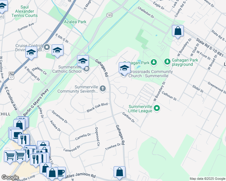 map of restaurants, bars, coffee shops, grocery stores, and more near 103 Evesham Drive in Summerville