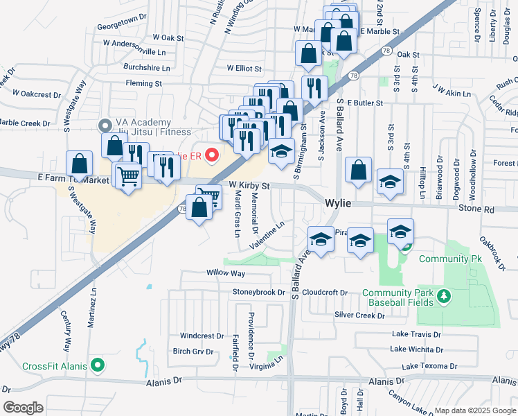 map of restaurants, bars, coffee shops, grocery stores, and more near 900 Memorial Drive in Wylie