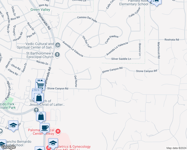 map of restaurants, bars, coffee shops, grocery stores, and more near 16123 Bennye Lee Drive in Poway
