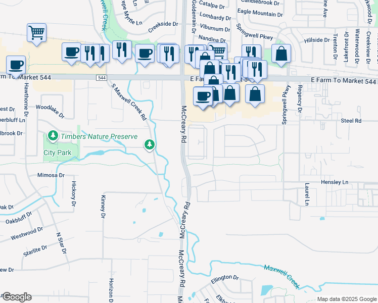 map of restaurants, bars, coffee shops, grocery stores, and more near 300 McCreary Road in Wylie