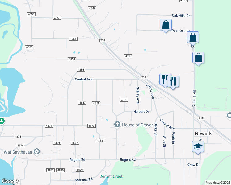 map of restaurants, bars, coffee shops, grocery stores, and more near 155 County Road 4859 in Newark