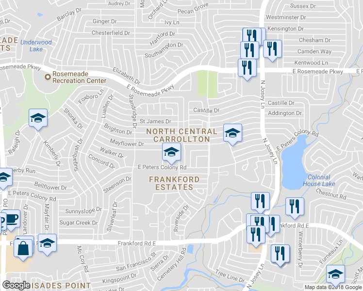 map of restaurants, bars, coffee shops, grocery stores, and more near 3216 Delaford Drive in Carrollton